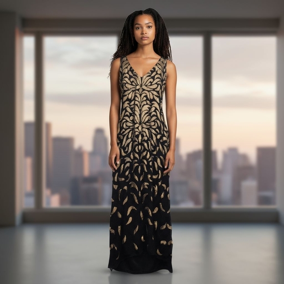 Aidan Mattox Black and Gold Maxi Dress Size 2 Sequin - Picture 1 of 6